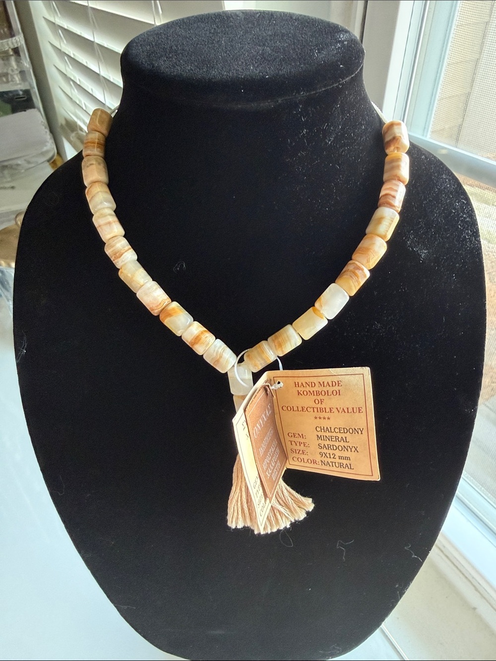 Natural Sardonyx Chalcedony Gemstone Beaded Necklace Handmade Komboloi Style NWT